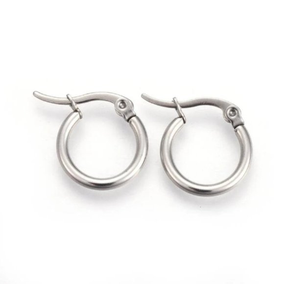 Small 14mm Hoop Pierced Post Stud Earrings Silver Tone - Picture 3 of 6